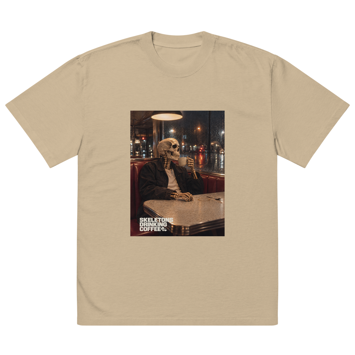 Last Refill Tee in Faded Khaki with large front skeleton artwork and the exact ivory SDC wordmark in the lower-left corner, Printful product preview