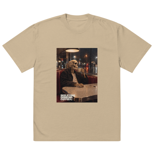 Last Refill Tee in Faded Khaki with large front skeleton artwork and the exact ivory SDC wordmark in the lower-left corner, Printful product preview