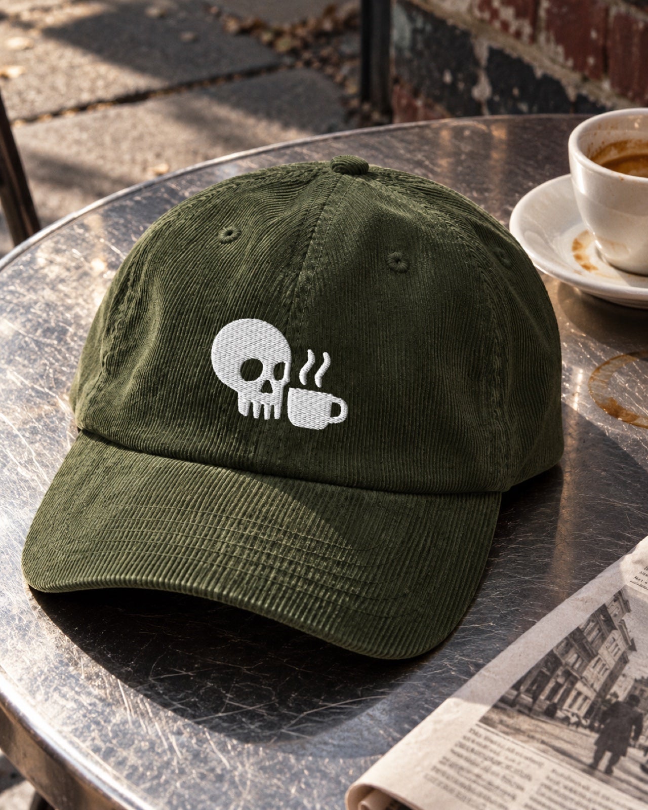 Editorial study of an olive corduroy SDC cap beside an espresso on a café table
