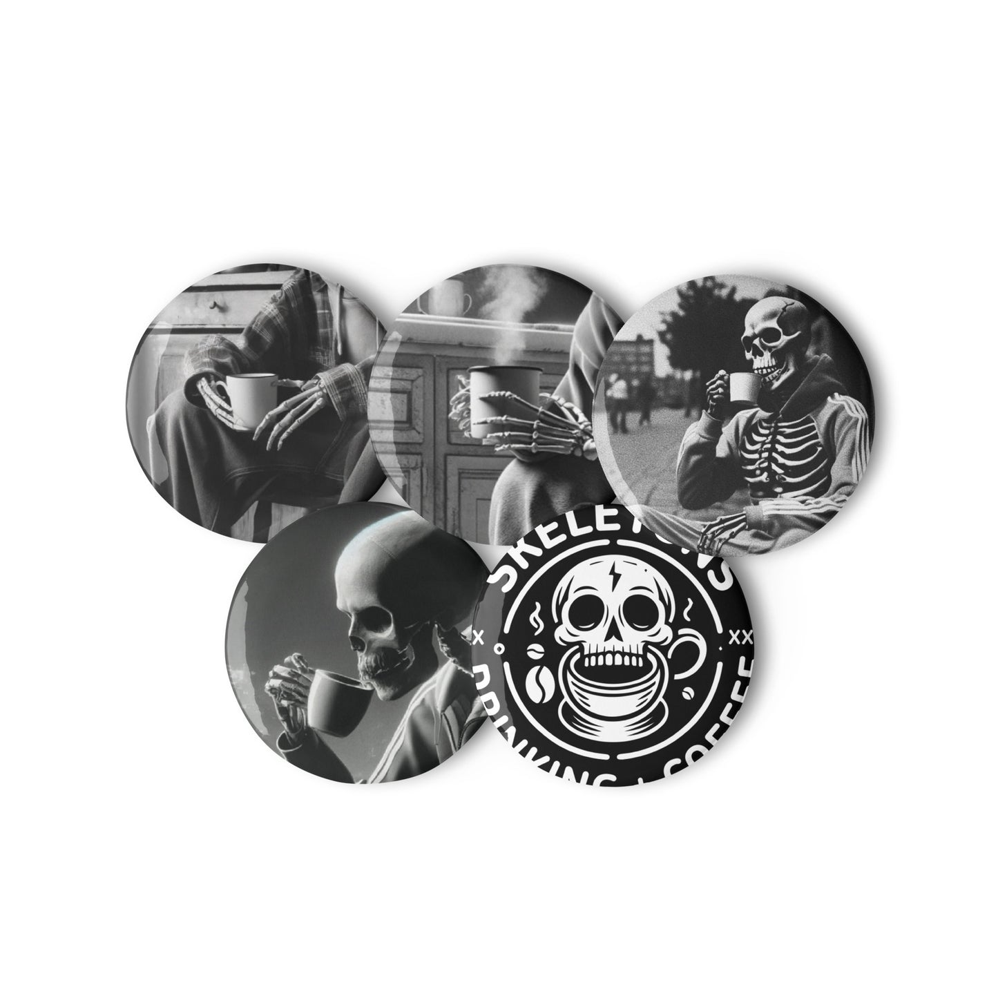 Skeletons Drinking Coffee - B&W Button 5-Pack (43 Entries)