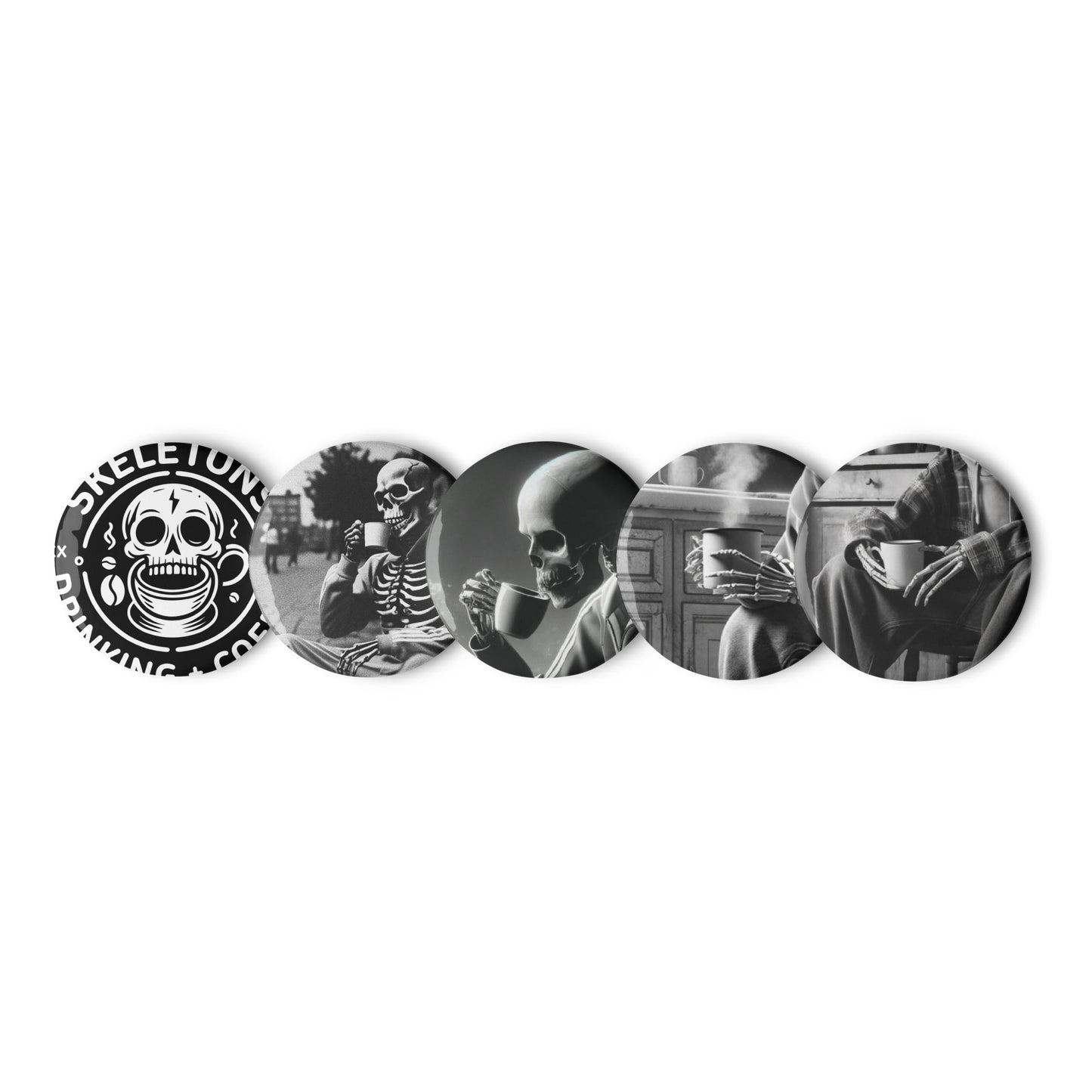 Skeletons Drinking Coffee - B&W Button 5-Pack (43 Entries)