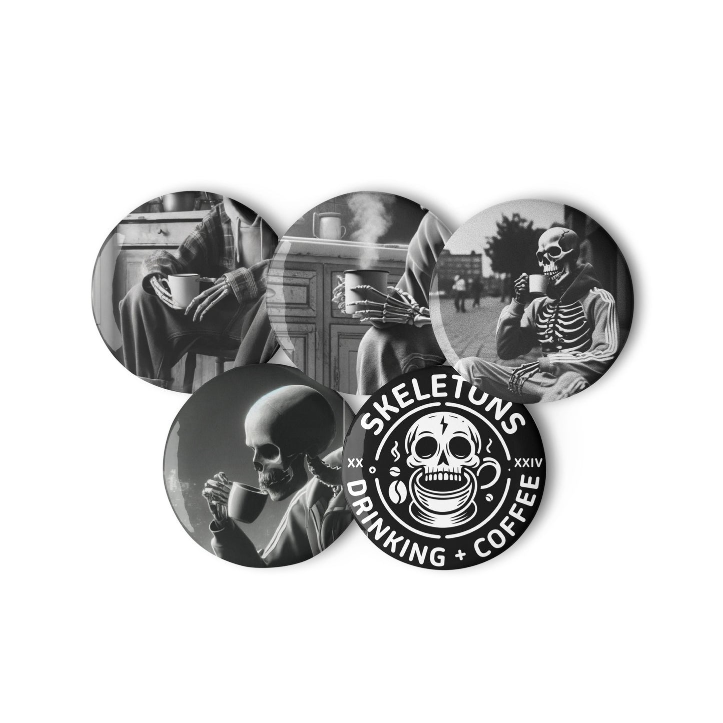 Skeletons Drinking Coffee - B&W Button 5-Pack (43 Entries)