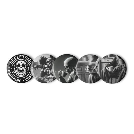 Skeletons Drinking Coffee - B&W Button 5-Pack (43 Entries)