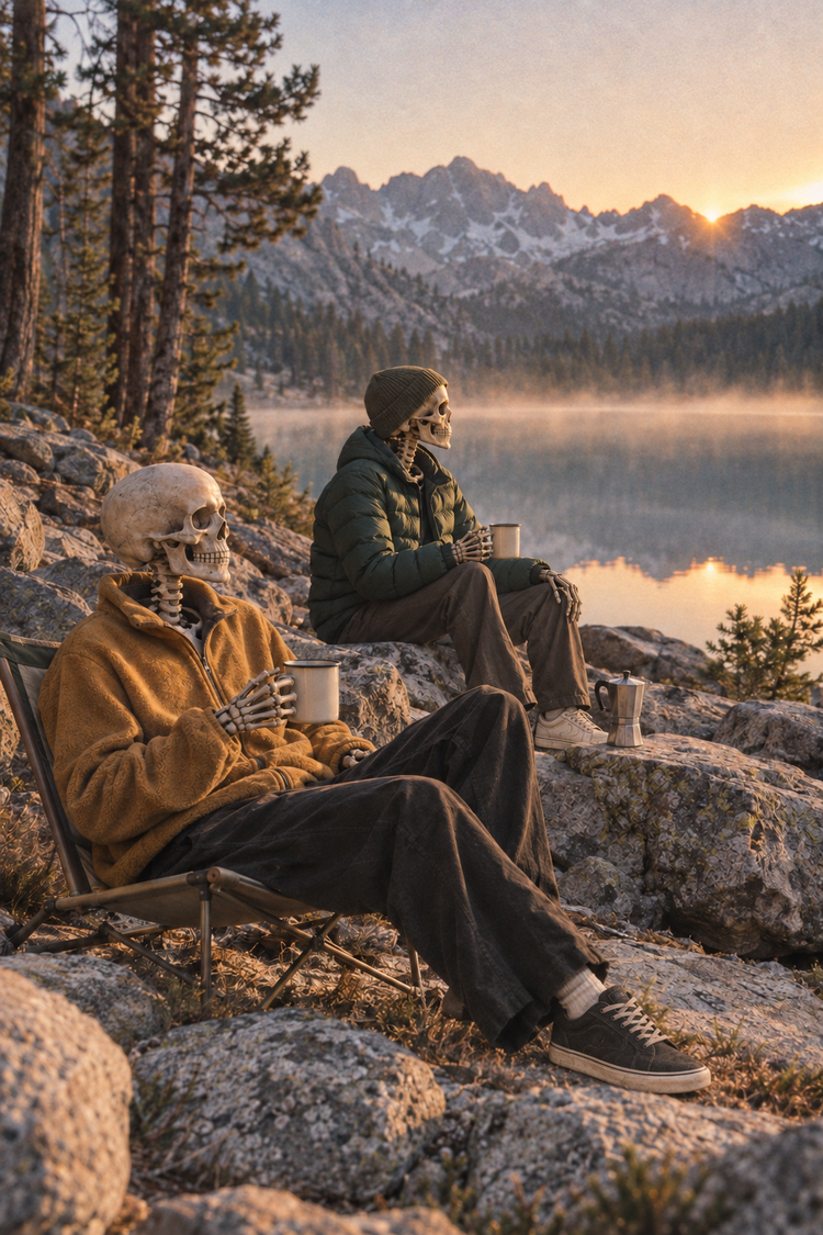 Two skeleton friends wearing layers and sneakers share a lakeside morning coffee