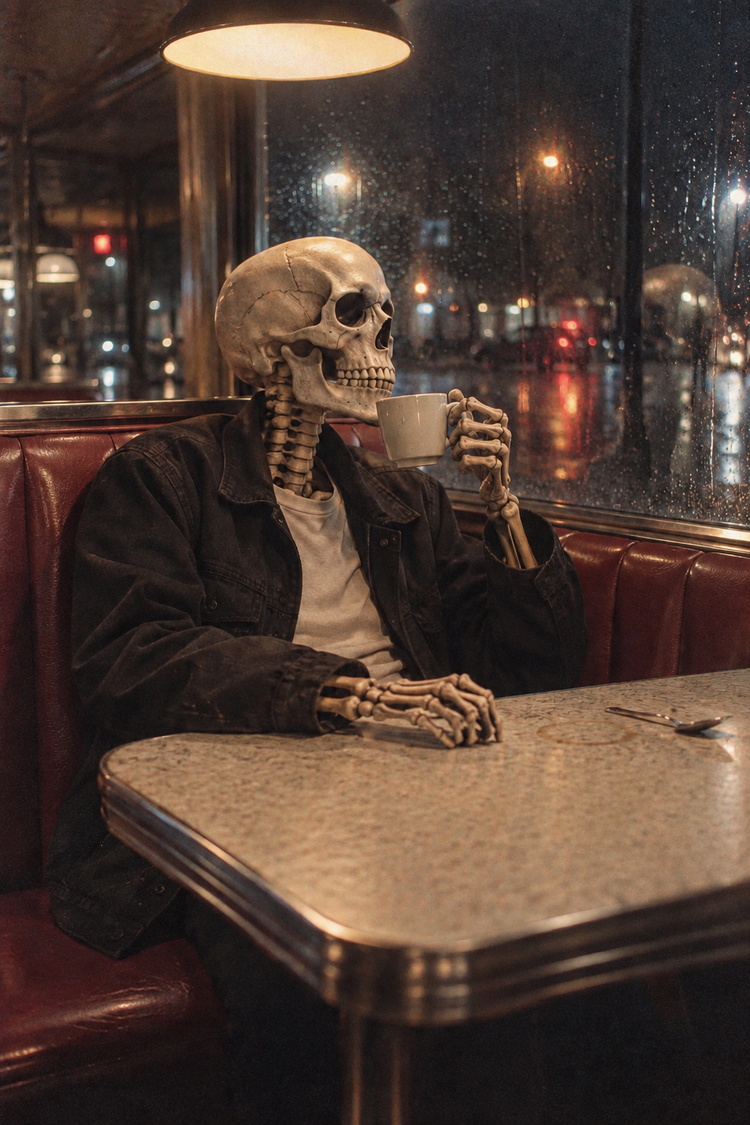 A solitary skeleton in a jacket drinks coffee in a rainy nighttime diner, rendered with vintage film grain