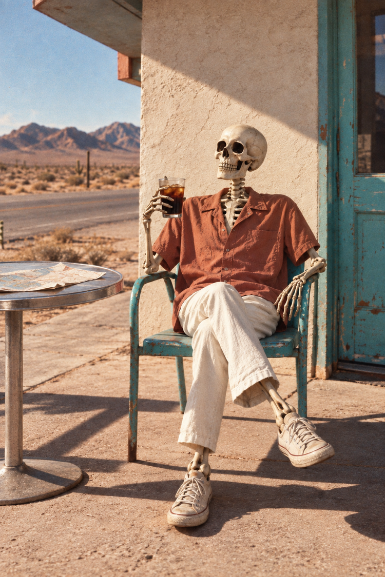 Skeleton in a camp shirt and canvas sneakers relaxes with iced coffee at a desert roadside stop